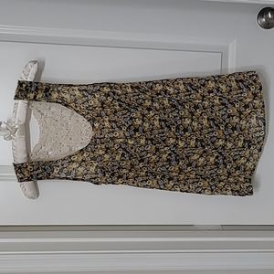 Lace & floral racerback tank. Yellow, tan, sky blue & black. Cream colored lace.